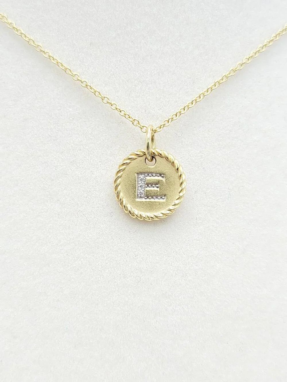 David Yurman Initial E Charm Necklace in 18K Yellow Gold w/ Diamonds - 19